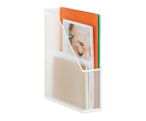 Relaxdays File Organiser, Standing, Mesh Design, Office & Home, H x W x D: 31.5 x 7 x 25 cm, Metal, White