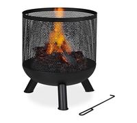 Relaxdays Fire Basket with Poker, Lattice Design, HxØ 53 x 44 cm, Log Burner for Garden & Terrace, Steel, Black