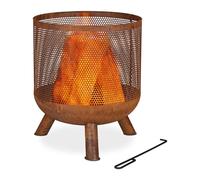Relaxdays Fire Basket with Poker, Lattice Design, HxØ 53 x 44 cm, Log Burner for Garden & Terrace, Steel, Rusty Brown