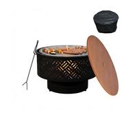 Relaxdays Fire Bowl, Ø 66 cm, with Grill Grate, Lid, Fire Poker & Waterproof Cover, Black/Natural