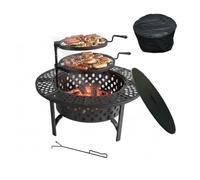 Relaxdays Fire Bowl, Ø 92 cm, 2 height-adjustable swivel grill grates, lid, poker & cover, black