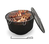 Relaxdays Fire Bowl, Diameter 61 cm, with Grill Grate, Spark Protection & Poker, 3-in-1 Fire Pit, Garden, Fire Basket, Black