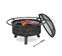 Relaxdays Fire Bowl with Grill Grate, Spark Protection and Poker, Ø: 75 cm, Log Burner, Barbecue, Steel, Black/Silver