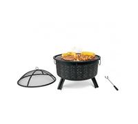 Relaxdays Fire Bowl with Grill Rack, Spark Screen & Poker, Garden Fire Pit, Black, 62 x 66 cm