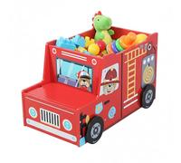 Relaxdays Fire Engine Toy Box, Children's Room, HWD: 34 x 60 x 32 cm, Storage & Secret Compartment, MDF, Multicolour