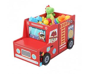 Relaxdays Fire Engine Toy Box, Children's Room, HWD: 34 x 60 x 32 cm, Storage & Secret Compartment, MDF, Multicolour