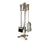 Relaxdays Fireplace Set, 5-piece Set, Poker, Ash Shovel, Broom, Tongs & Stand, Antique Design, Steel, 64x22x20 cm, Gold