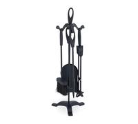 Relaxdays Fireplace Tool Set, 5-Pieces, Poker, Ash Shovel, Broom, Stand, Tongs, Iron, Sturdy Base, Accessories, Black, 60.5 x 20 x 20 cm