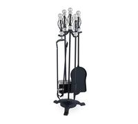Relaxdays Fireplace Tool Set, 5-Pieces, Poker, Ash Shovel, Broom, Stand, Tongs, Iron, Sturdy Base, Baroque, Black/Silver, 66 x 21 x 21 cm
