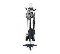 Relaxdays Fireplace Tool Set, 5-Pieces, Poker, Ash Shovel, Broom, Stand, Tongs, Iron, Sturdy Base, Baroque, Black/Gold, 68 x 20 x 20 cm