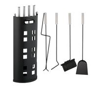 Relaxdays Fireplace Tool Set, 5-pieces, Poker, Ash Shovel, Broom, Tongs & Stand, Steel & Plastic, Accessories, Black, Stainless steel, 61 x 22 x 15 cm