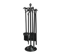 Relaxdays Fireplace Tool Set, 5-pieces, Poker, Ash Shovel, Stove Broom, Tongs & Stand, Fire Place Accessories, Black, Steel, 110 x 69 x 32 cm