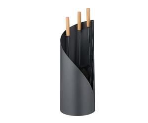 Relaxdays Fireplace Tools, 4-Piece Accessory Set with Stand, Grey/Natural | Poker, Ash Shovel & Broom, Wooden Handles