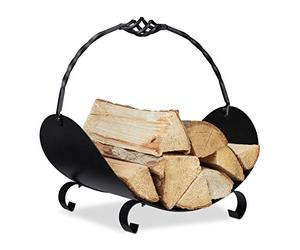 relaxdays Firewood Basket Metal, Elegant Wood Carrier with Handle, Inside, for Fireplace, HWD: 42.5 x 43.5 x 30cm, Black
