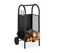 Relaxdays Firewood Cart with Companion, Steel Holder, 3-Piece Tool Set, Shovel, Broom & Poker, Black, plastic, rubber, 81 x 42 x 37 cm,10028779