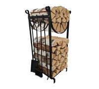 Relaxdays Firewood Storage Rack with Fireplace Tools, 2-Tier, Fire Tongs, Brush, Shovel, Iron, Black