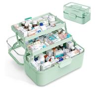 Relaxdays First-Aid Box, 3-tier, pill compartment, hinged lid, plastic, HxWxD: 17 x 28.5 x 15.5 cm, green