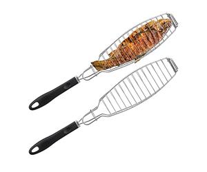 Relaxdays Fish roaster set of 2, stainless steel, rubber handle, 58.5 cm long, fish holder for grilling, grill basket fish, silver