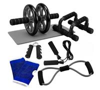 Relaxdays Fitness Set, 9-piece, colour choice | Ab wheel, push-up bars, hand gripper, skipping rope, resistance band, knee mat, wrist wraps