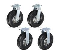Relaxdays Fixed + 2x Swivel Castor Set, Heavy-duty Wheel with Pneumatic Tyres, 3.00-4, Transport 120 kg, Black/Silver, Steel, 25 x 20 x 13.5 cm