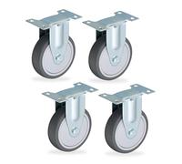 Relaxdays Fixed Castors, 4-Pack, 100 mm, TPR, Steel Plate, Ball Bearings, Non-Marking, Noise-Reducing, Grey/Silver