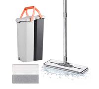 Relaxdays Flat Mop Set, 6.5L bucket with wringer, 2 compartments, grey
