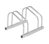 Relaxdays Floor Bike Rack, for 2 Bicycles, Wheel Width up to 50 mm, Metal, Outdoor Parking Stand, Garage, Steel, Silver, 26 x 38.5 x 33.5 cm
