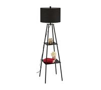 Relaxdays Floor lamp with Shelf, 2 Shelves, Fabric Shade, H x D: 149 x 40 cm, Foot Switch, E27, Floor lamp, Steel, Black