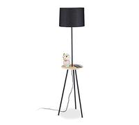 Relaxdays Floor lamp with Table, H x D: 151 x 36 cm, Tripod, Fabric Shade, E27 Socket, Metal, Wood, Floor lamp, Black