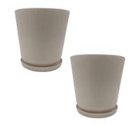 Relaxdays Flower Pot, 2 Pack, Plant Pot with Saucer, Ribbed, H x D: 20 x 20 cm, Herb Pot, Plastic, Beige