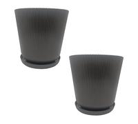 Relaxdays Flower Pot, 2-Piece Set, Planter with Saucer, Ribbed, HxD: 20 x 20 cm, Herb Pot, Plastic, Dark Grey