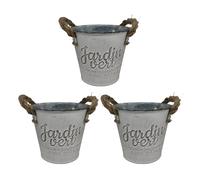 Relaxdays Flower Pot Set, 3 Planters "Green Garden", H x D: 12.5 x 14 cm, Herb Pot with Handle, Iron & Jute, Silver