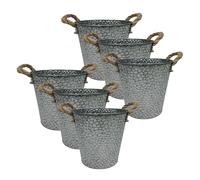Relaxdays Flower Pot Set, 6 Planters, Vintage Style, H x D: 16 x 15 cm, Herb Pot with Handle, Iron & Jute, Silver