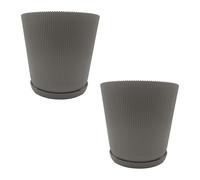 Relaxdays Flower Pot, Set of 2, Planter with Saucer, Ribbed, H x D: 20 x 20 cm, Herb Pot, Plastic, Light Grey