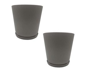 Relaxdays Flower Pot, Set of 2, Planter with Saucer, Ribbed, H x D: 20 x 20 cm, Herb Pot, Plastic, Light Grey