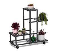 Relaxdays Flower Stand on Wheels, HxWxD: 60.5 x 61.5 x 26 cm, Metal, 4 Tiered Shelves, Indoor Plant Pot Display, Black, Steel
