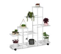 Relaxdays Flower Stand on Wheels, HxWxD: 91.5 x 93 x 26 cm, Metal, 9 Tiered Shelves, Indoor Plant Pot Display, White, Steel
