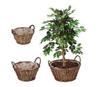 Relaxdays Flowerpot Set of 3, with Bark, for Flowers & Herbs, Plant Basket with Foil, 3 Sizes, Wooden Planter, Natural, Wood, 19.5x29x28.5 cm