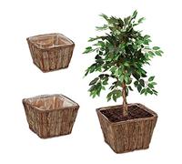 Relaxdays Flowerpot, Set of 3, Wood, Plant Basket with Foil, 3 Various Sizes, Flowers & Herbs, Square Planters, Natural, 19.5 x 27 x 27 cm