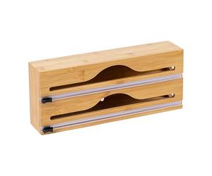 Relaxdays foil dispenser, 2 rolls, drawer, bamboo, HxWxD: 14 x 33 x 7 cm, kitchen film cutter, foil holder, natural