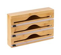 Relaxdays foil dispenser, 3 rolls, drawer, bamboo, HxWxD 22 x 33.5 x 7 cm, kitchen film cutter, foil holder, natural