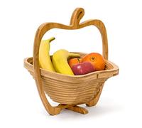 Relaxdays Foldable Apple-Shaped Basket: 30 x 27 x 22.5 cm Folding Bamboo Fruit Bowl Holder Basket And Cutting Board Wooden Fruit Bowl With An Apple-Design, Natural Brown
