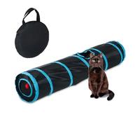 Relaxdays Foldable Cat Tunnel, Pet Toy with Ball, 3 Exit Holes, Interactive Play, Pop-up, WxD: 115 x 24 cm, Black/Blue, Nylon