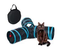 Relaxdays Foldable Cat Tunnel, Pet Toy with Ball, 3 Paths, Interactive Play, Pop-up, HxWxD: 25 x 92 x 85 cm, Black/Blue, Nylon