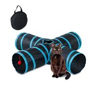 Relaxdays Foldable Cat Tunnel, Pet Toy with Ball, 4 Paths, Interactive Play, Pop-up, HxWxD: 25 x 92 x 92 cm, Black/Blue, Nylon