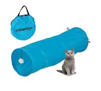 Relaxdays Foldable Cat Tunnel, Pet Toy with Ball, Interactive Play, Pop-up Function, WxD: approx. 88 x 25 cm, Blue, Polyester, 25 x 88 x 25 cm