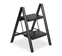 Relaxdays Foldable Ladder, 2 Steps, Steel, Load up to 120 kg, Foldup, Both Sides, HxWxD 60 x 42 x 48 cm, Black, 100%