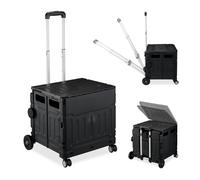 Relaxdays Trolley, Foldable, Up to 50 kg, Adjustable Telescopic Handle, Shopping Transport Cart, Black, 17.5 x 38.5 x 32 cm
