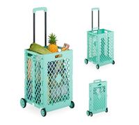 Relaxdays Foldable Shopping Trolley, Collapsible Basket on Wheels, 25 kg Capacity, Telescopic Handle, Mesh, Turquoise, Iron, 99 x 43.5 x 38 cm