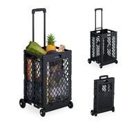 Relaxdays Foldable Shopping Trolley, Collapsible Basket on Wheels, 25 kg Capacity, Telescopic Handle, Mesh, Black, Iron, 99 x 43.5 x 38 cm